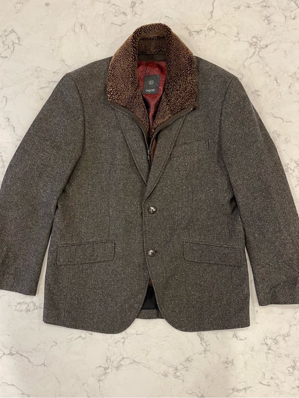 Bugatti Gray-Brown Tweed Blazer with Sherpa Collar